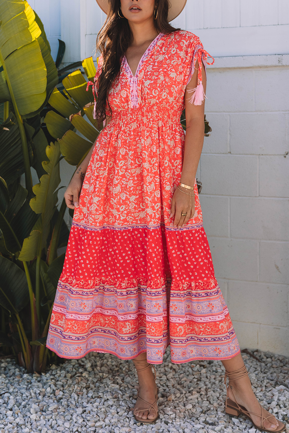 Red Floral Print Tasseled Tied Sleeve Empire Waist Maxi Dress eAura