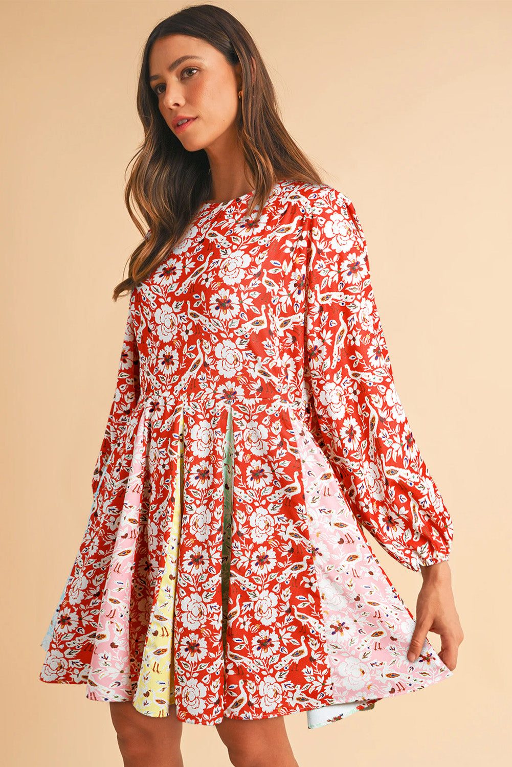 Red Colorful Floral Patchwork Long Sleeve Pleated Mini Dress BB Fashion Outlet