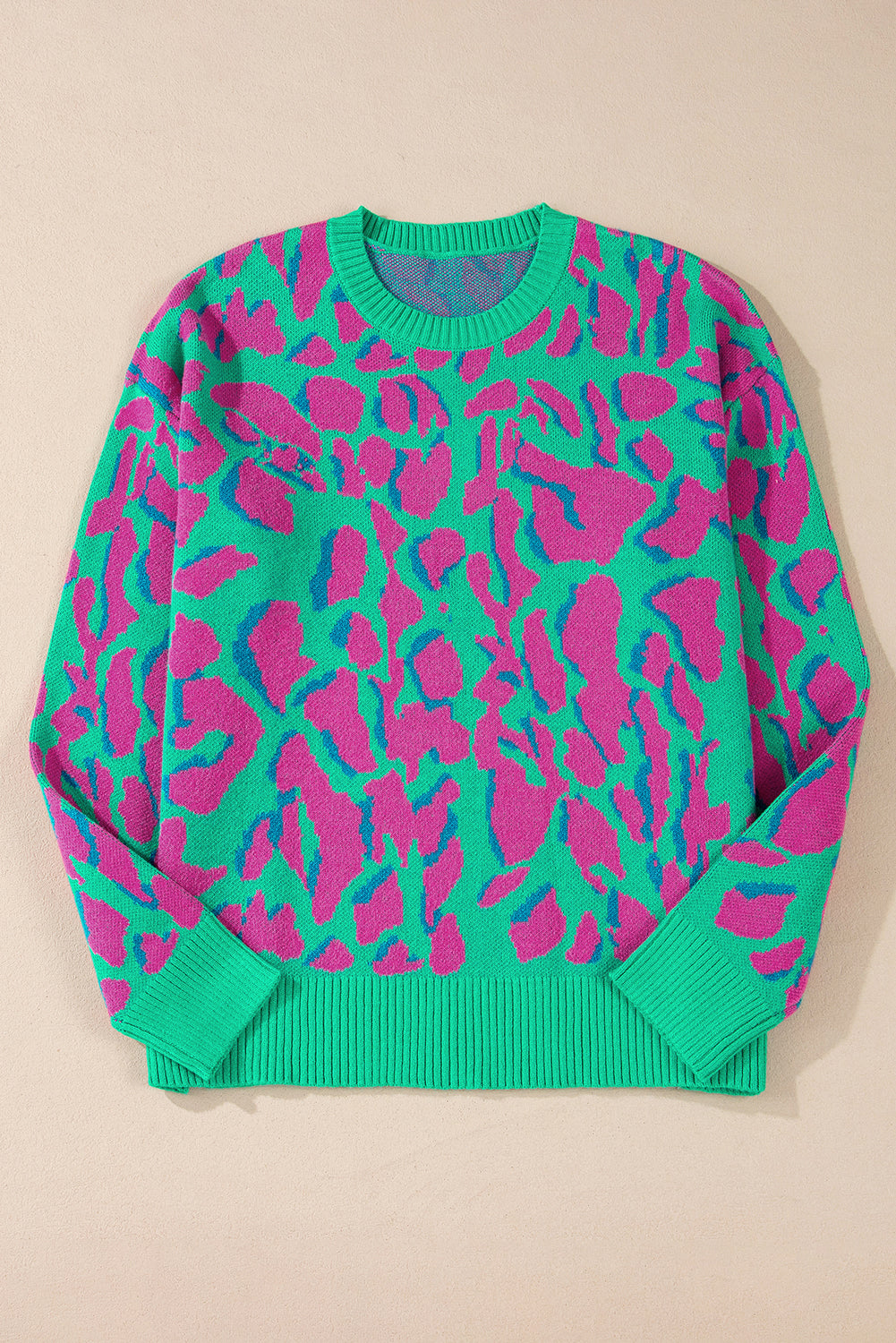 Green Abstract Print Ribbed Trim Baggy Sweater eAura
