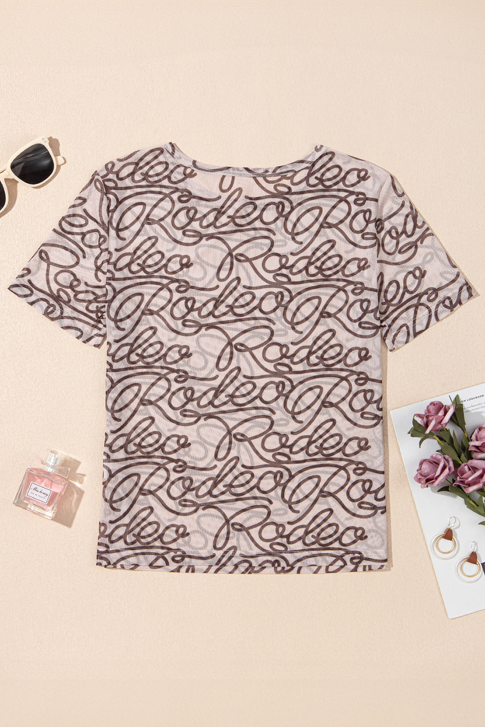 Brown Rodeo Print Round Neck Slim Fit Mesh T Shirt eAura