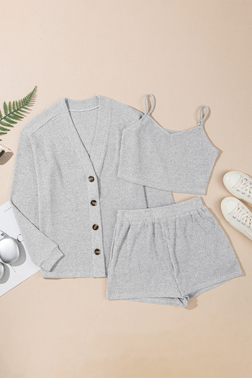 Light Grey 3 Pieces Rib Crop Camisole Matching Shorts Lounge Set with Cardigan eAura