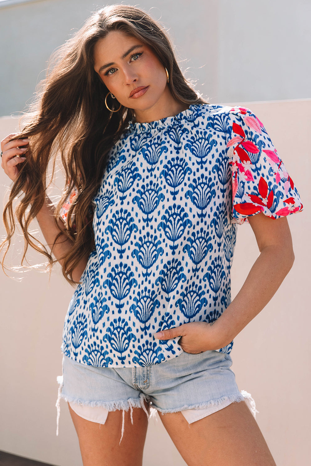 Blue Western Fashion Print Floral Puff Sleeve Frilled Neck Blouse eAura
