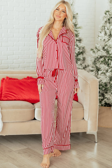 Red Stripe Contrast Velvet Trim Bow Knot Waist Pyjama Set - eAura