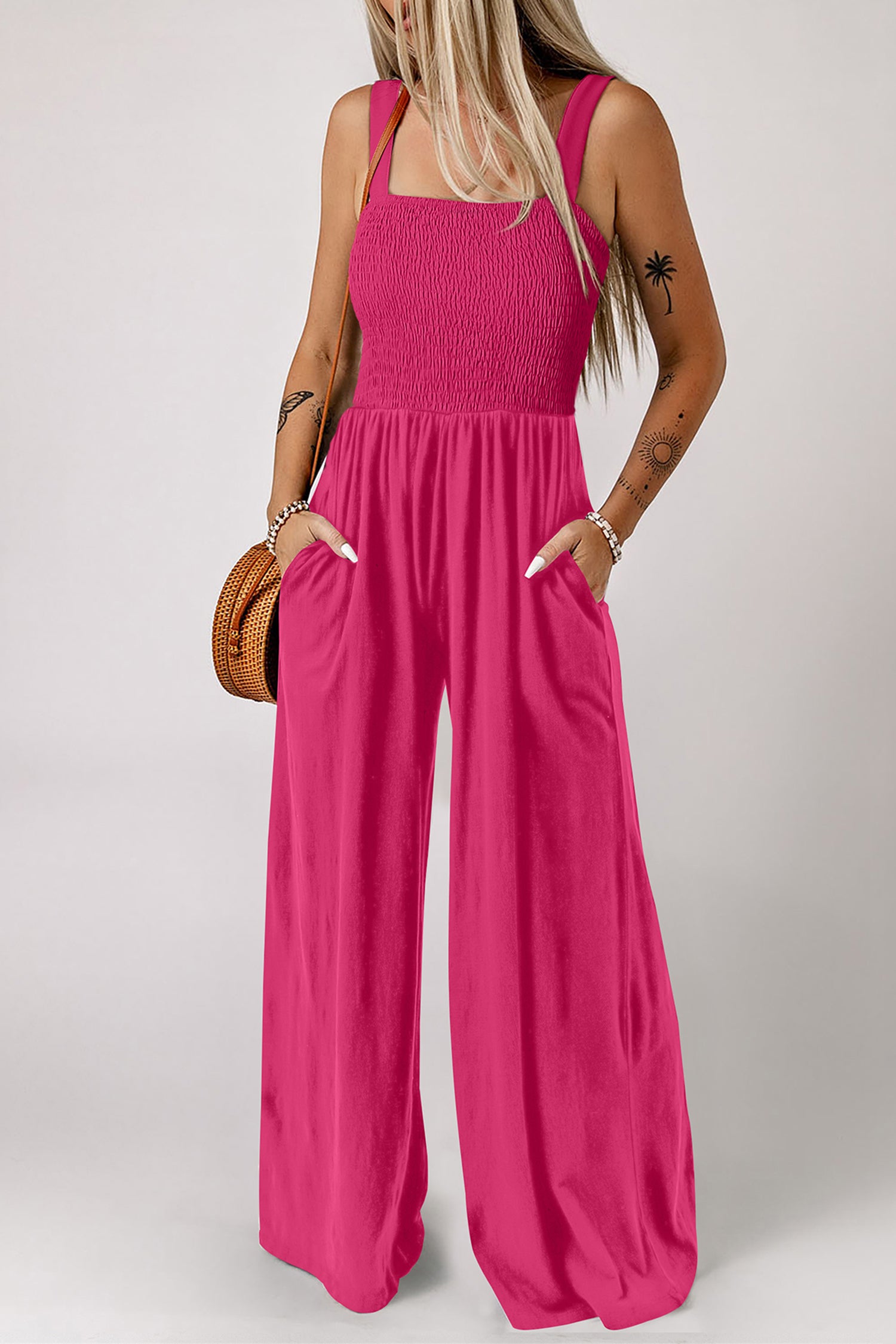 Smocked Square Neck Sleeveless Wide Leg Jumpsuit with Pockets – Purple