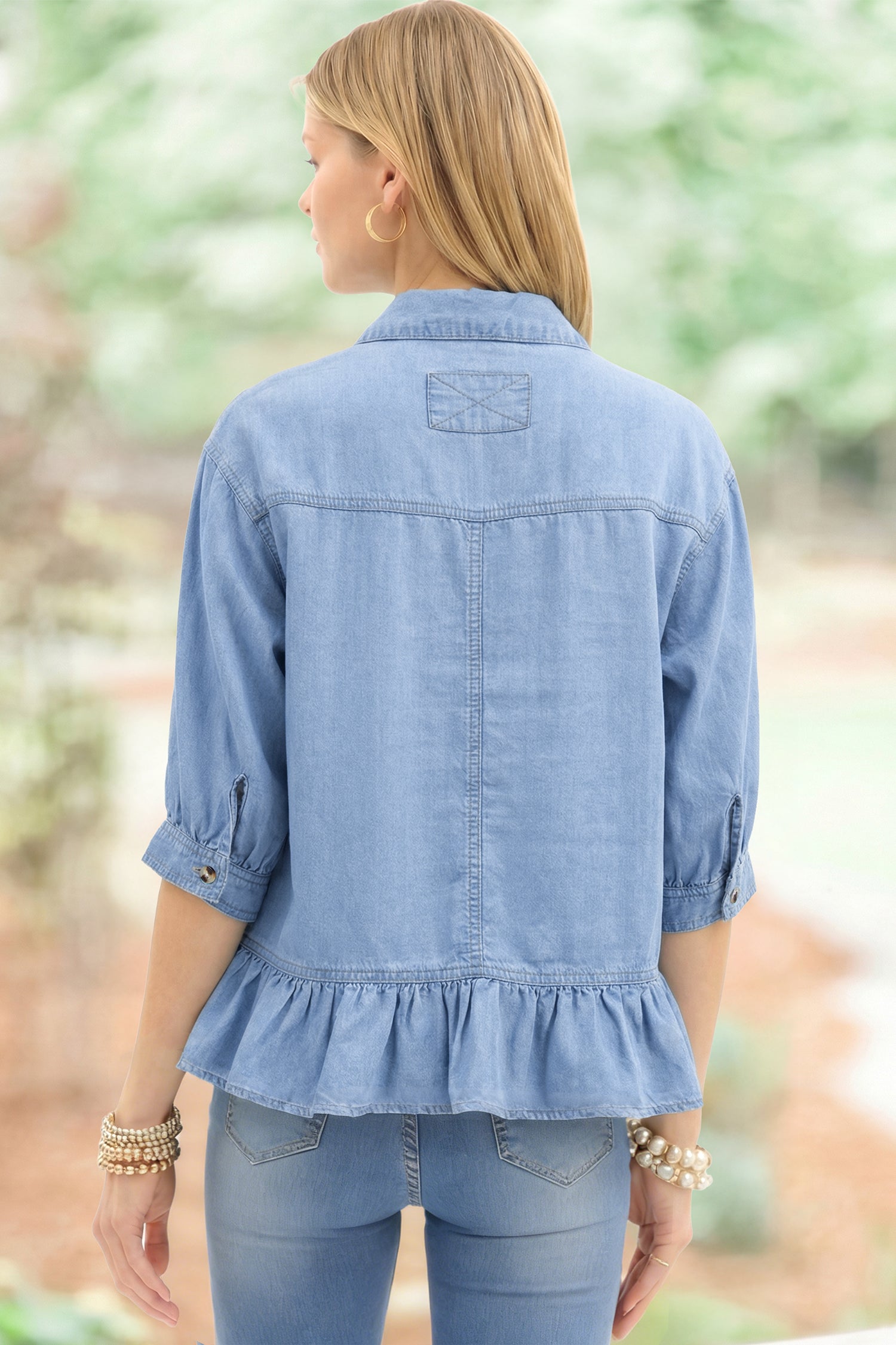 Half Sleeve Button Down Ruffled High Low Chambray Shirt