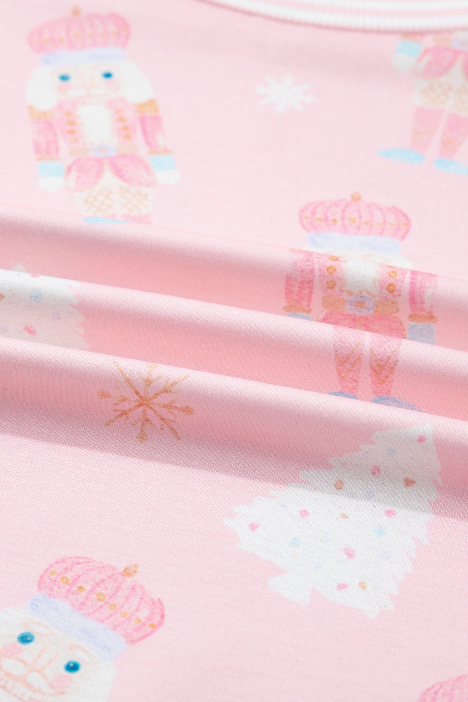 Pink Christmas Tree Nutcracker Doll Print Contrast Trim Long Sleeve Top Matching Shorts Set - Two Piece Sets/Short Sets