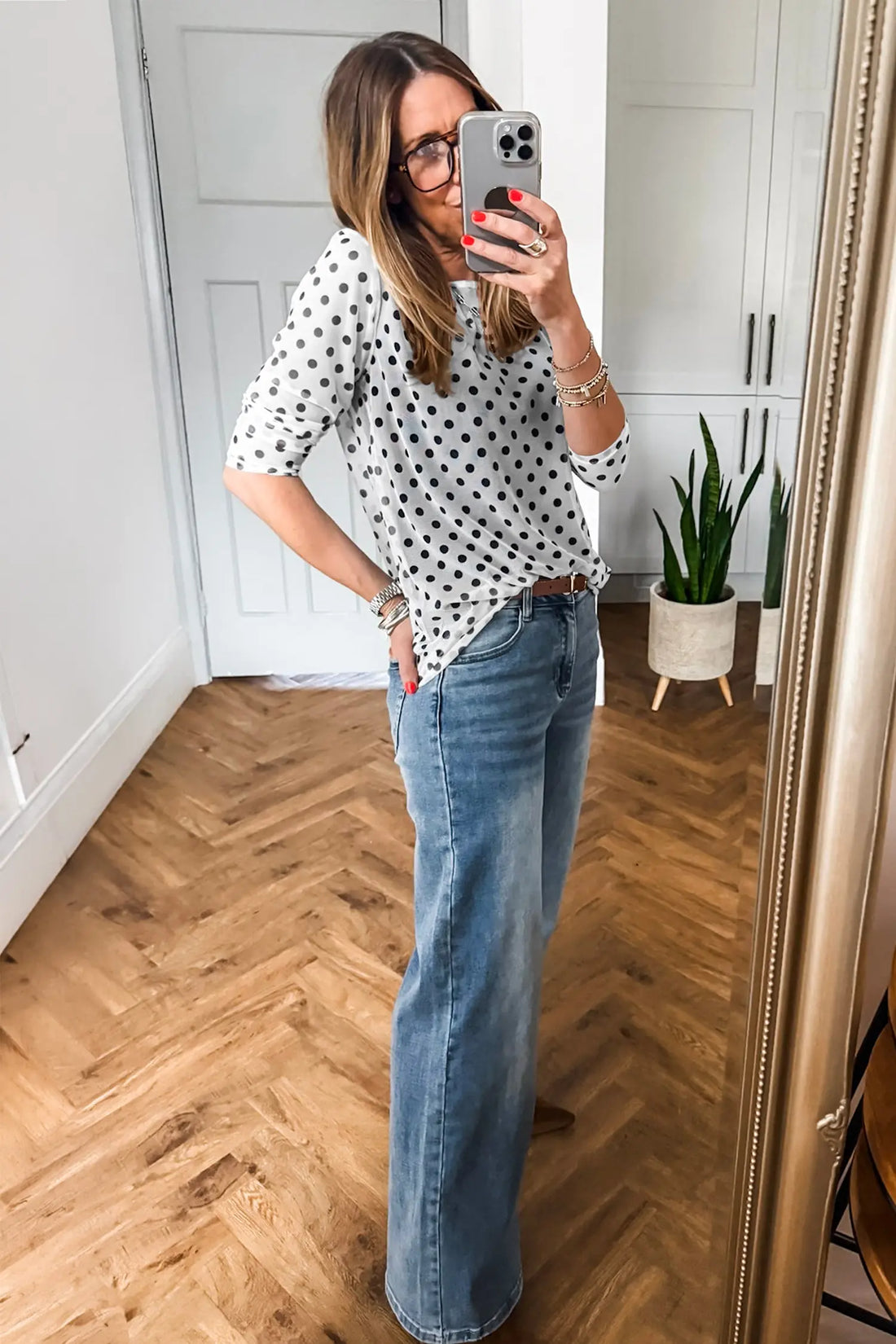 Polka Dot Sheer Mesh Long Sleeve Round Neck Shift Top – Black