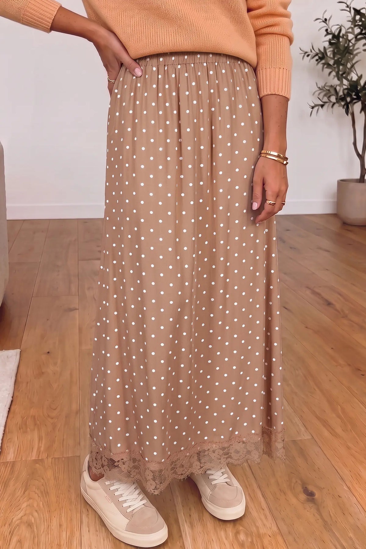 Polka Dot Lace Hem Elegant Long Shift Skirt – Khaki