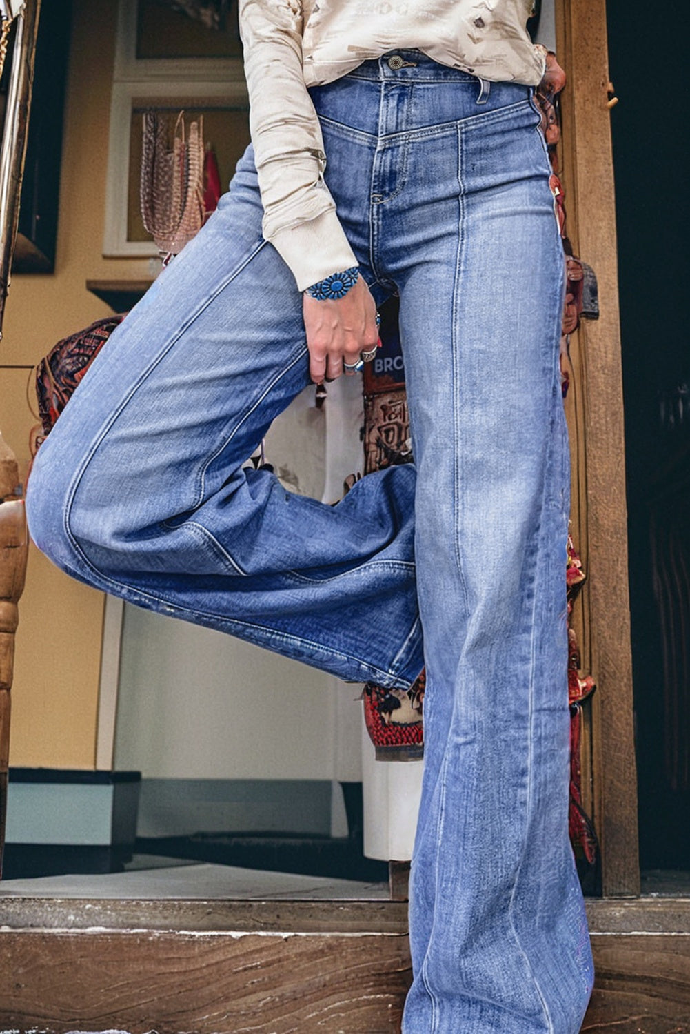 Beau Blue Tailored Center Seam Detail Straight Loose High Rise Jeans eAura