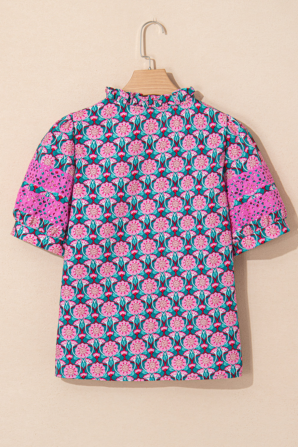 Sachet Pink V-Neck Ruffle Abstract Floral Print Puff Sleeve Top eAura
