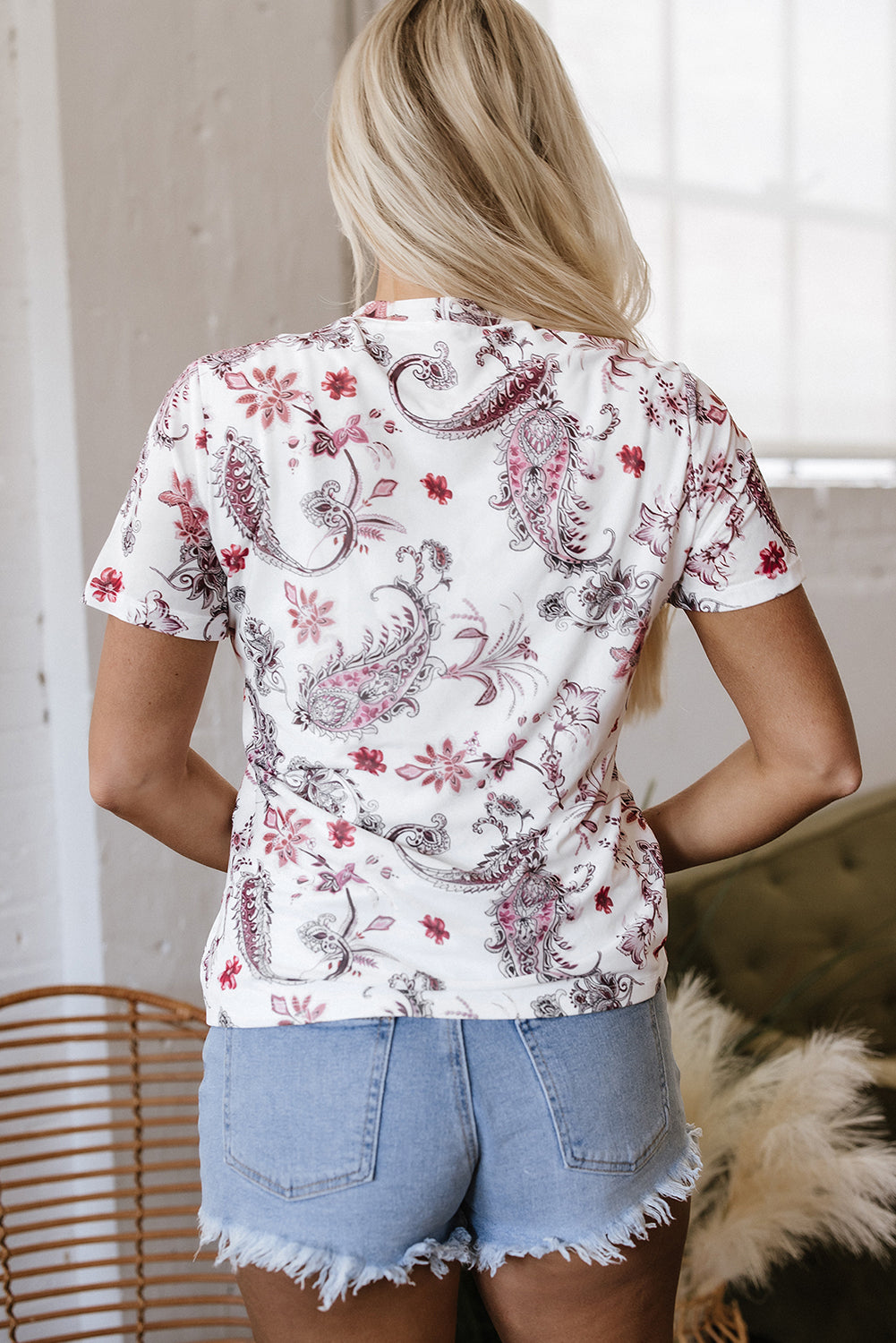 White Vintage Paisley Mock Neck T Shirt eAura