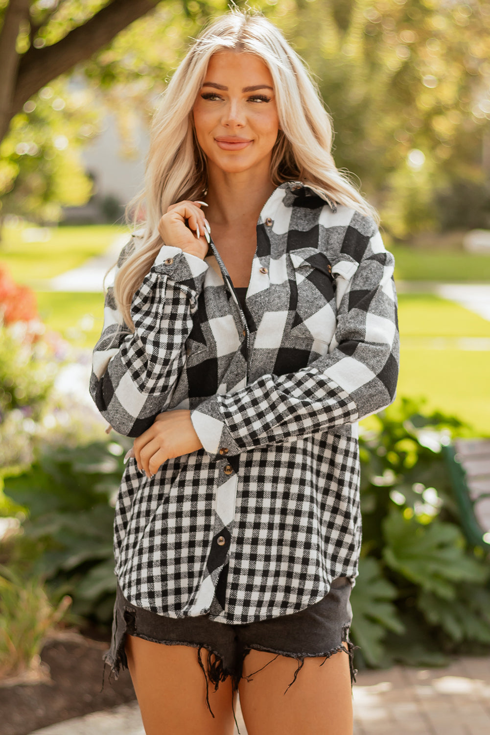 Black Double Plaid Patchwork Drawstring Hooded Shacket eAura