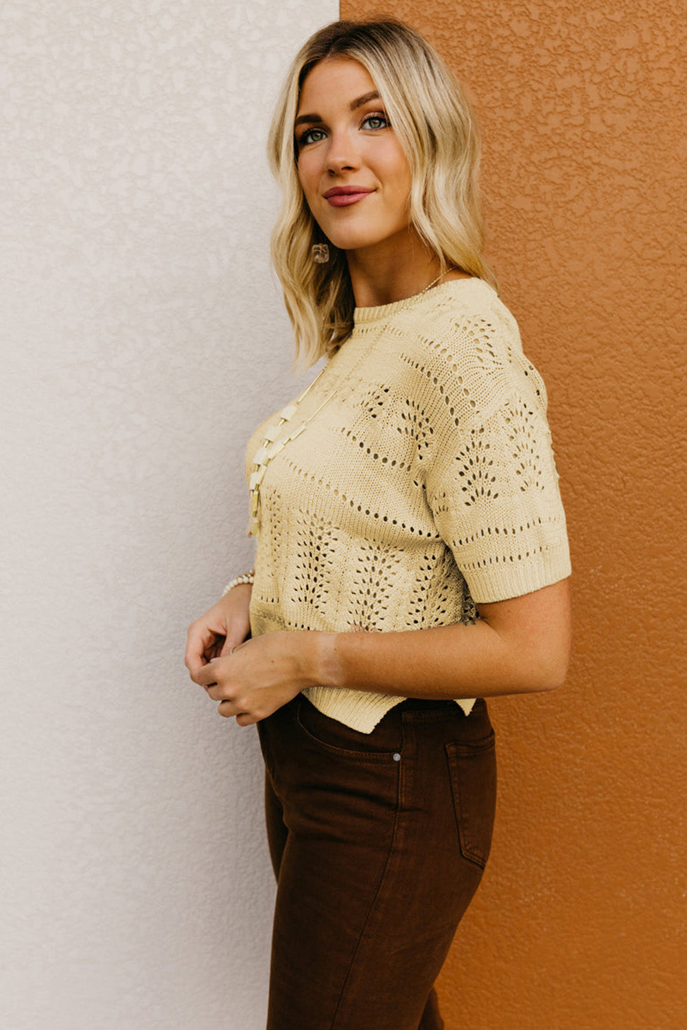 Beige Knitted Hollow out Short Sleeve Crop Sweater eAura