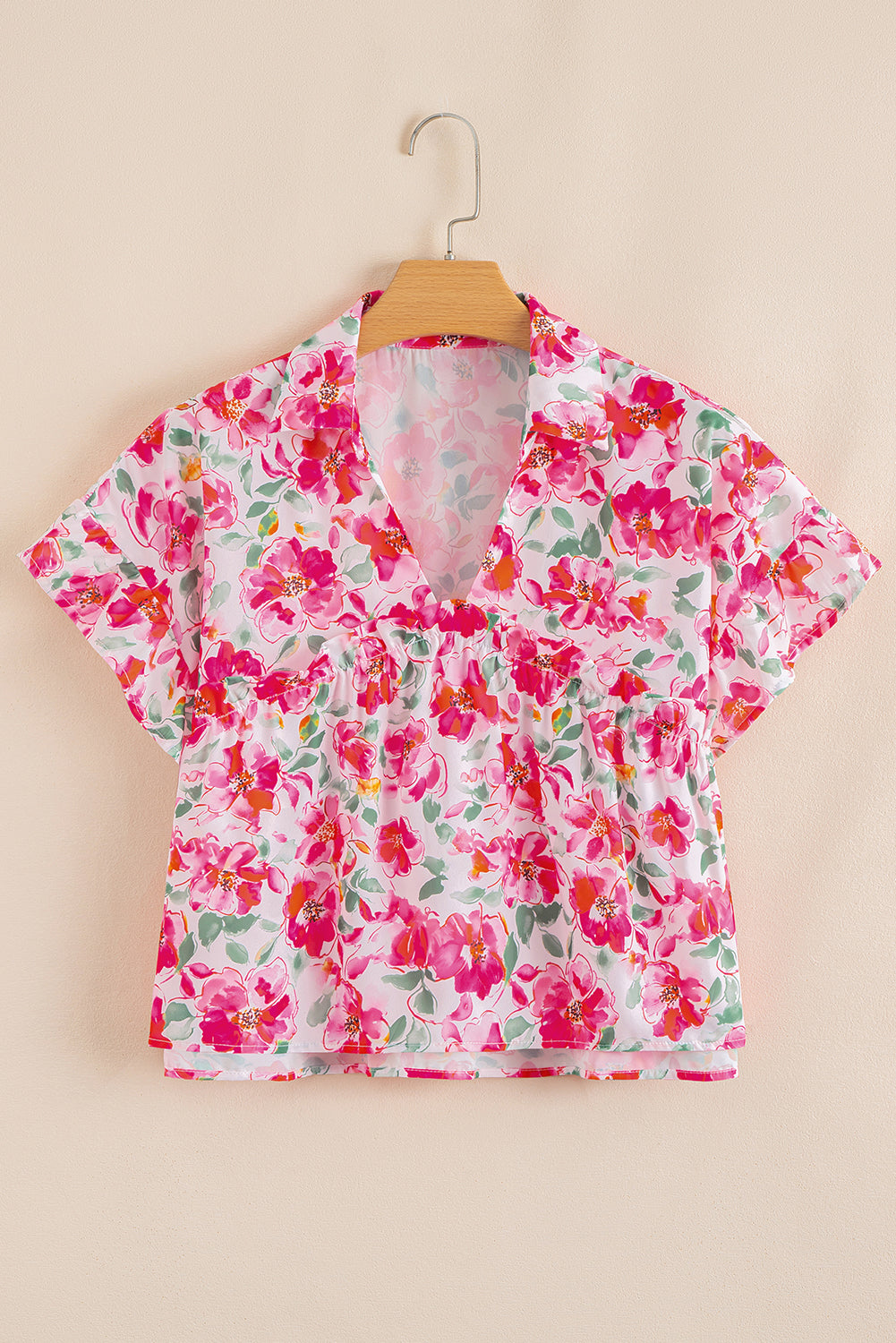 Pink Floral Boxy Fit Ruffled Short Sleeve V Neck Blouse eAura