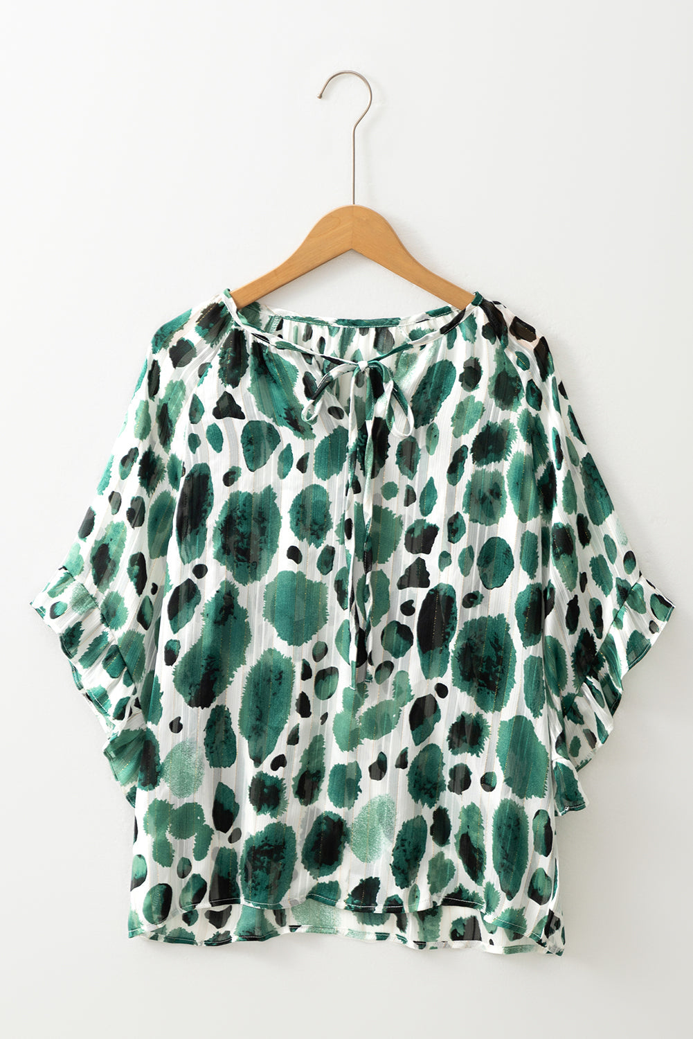 Green Metallic Threading Accents Pleated Abstract Printed Ruffled 3/4 Sleeve Blouse BB Fashion Outlet