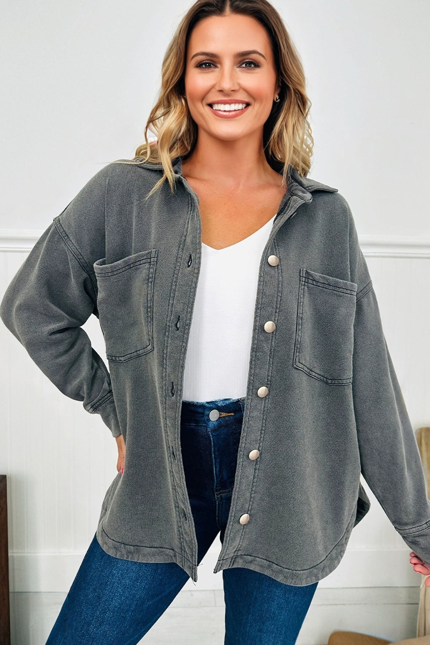 Mineral Wash Chest Pockets Drop Shoulder Shacket with Side Slit - eAura