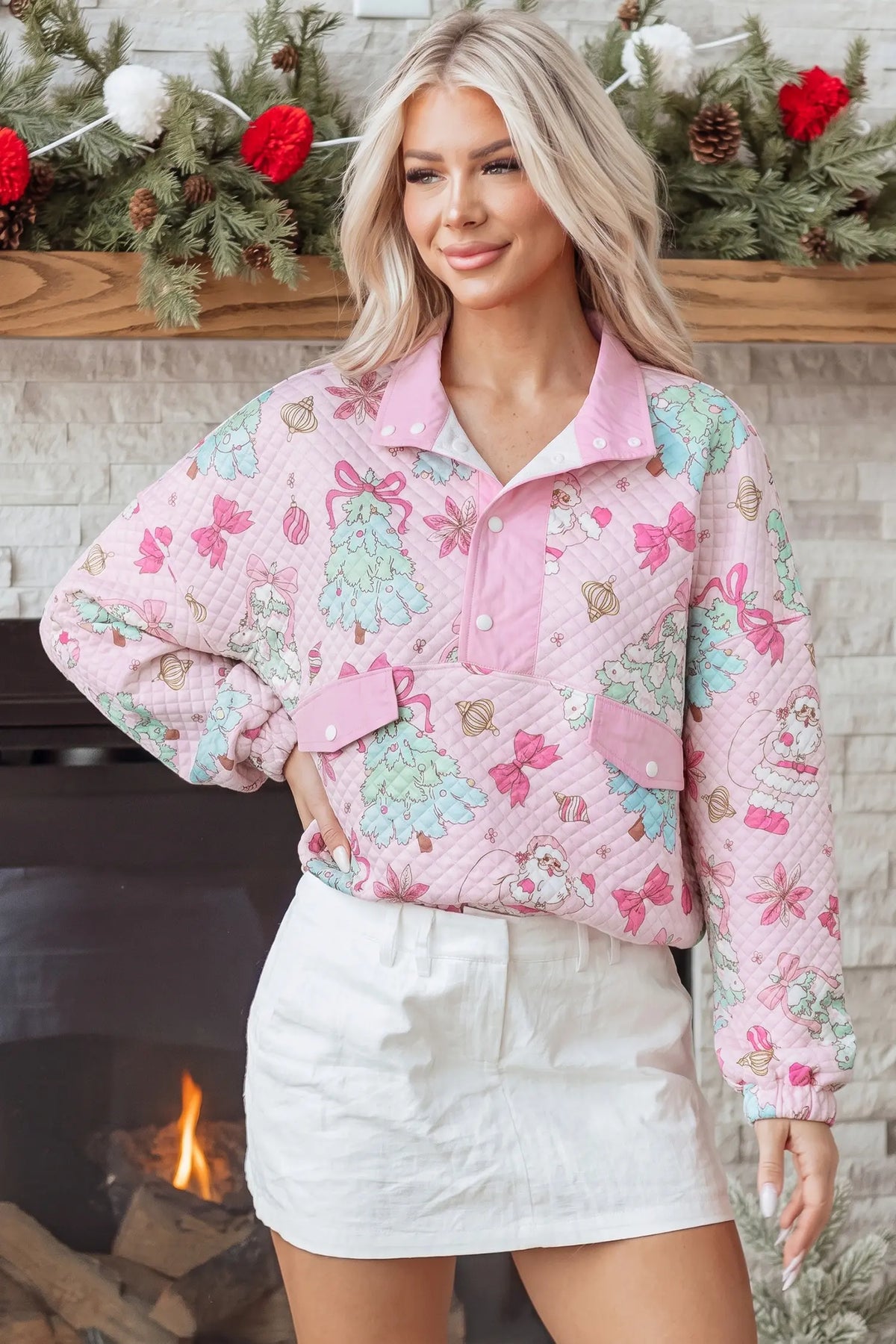 Sweatshirt Quilted Collar Half-Button Loose Christmas Print