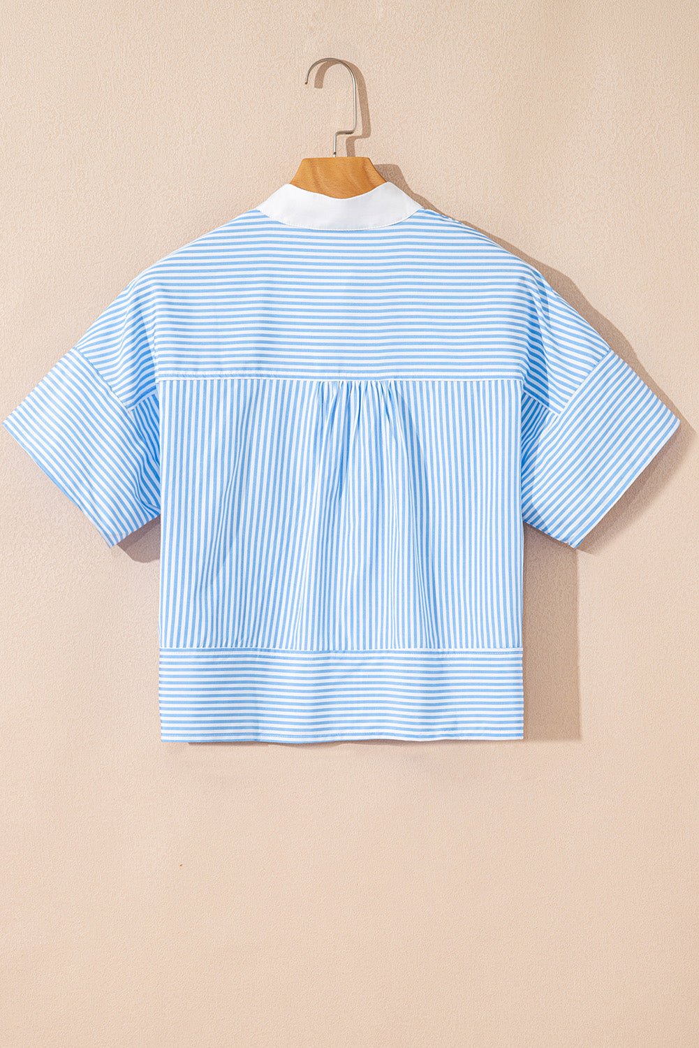 Sky Blue Stripe Contrast Collar Hidden Button Short Sleeve Summer Shirt BB Fashion Outlet