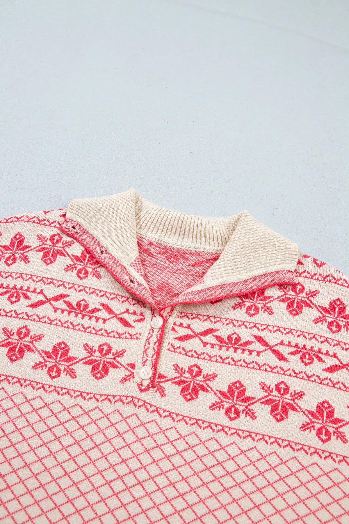Cozy Abstract Print Button Stand Neck Casual Sweater