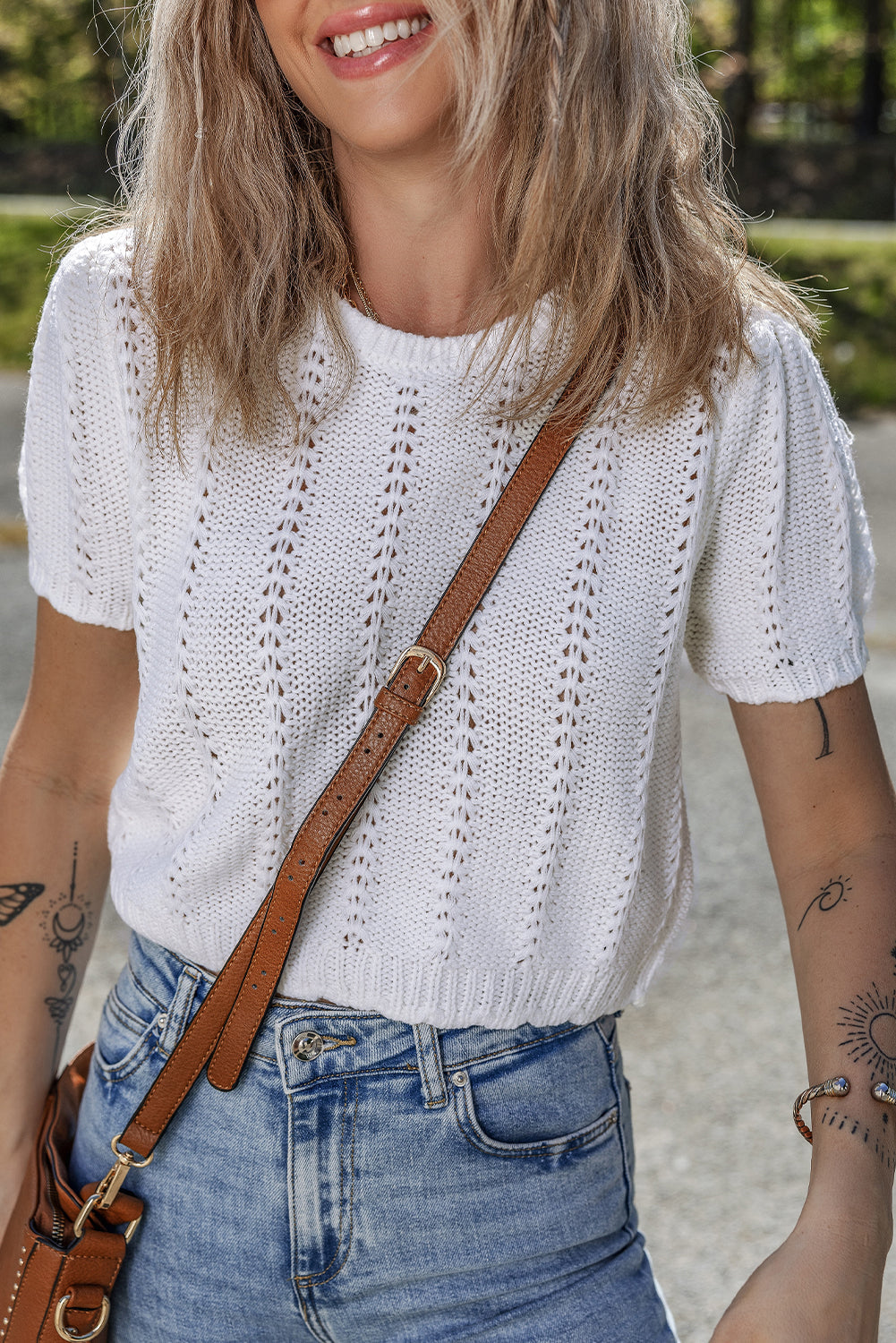 White Pointelle Knit Short Puff Sleeve Crewneck Sweater eAura