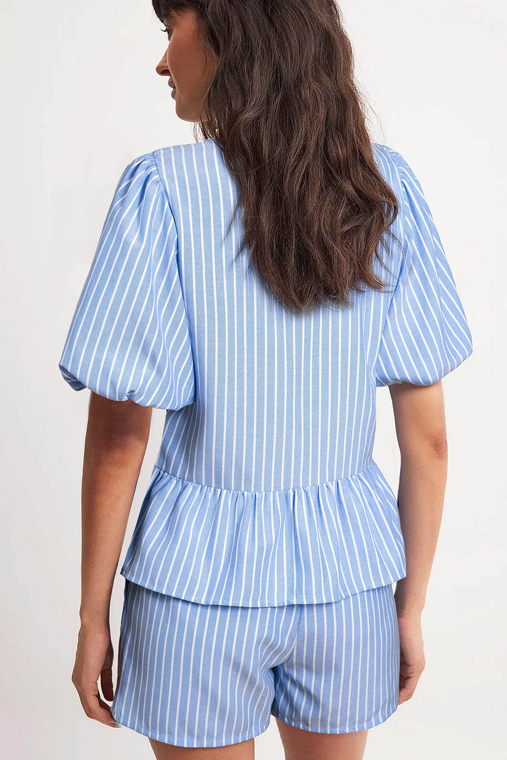 Sky Blue Striped Bowknot Detail Puffy Sleeve Top and Shorts 2Pcs Set eAura