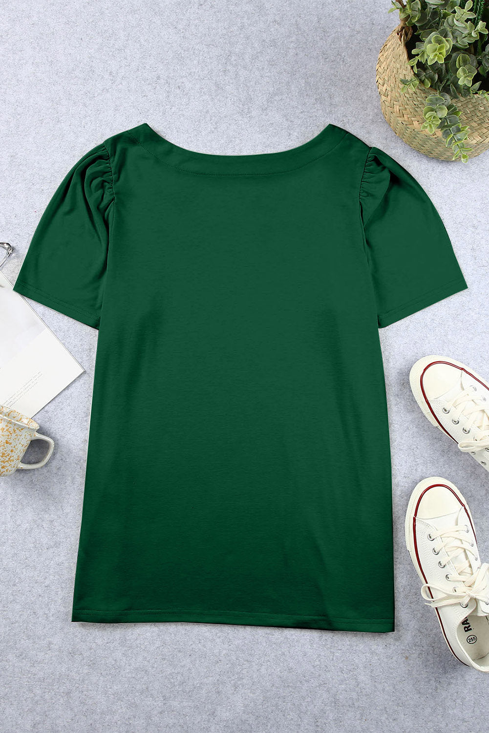 Green Plus Size Square Neck Ruched Shoulder Short Sleeve Top BB Fashion Outlet