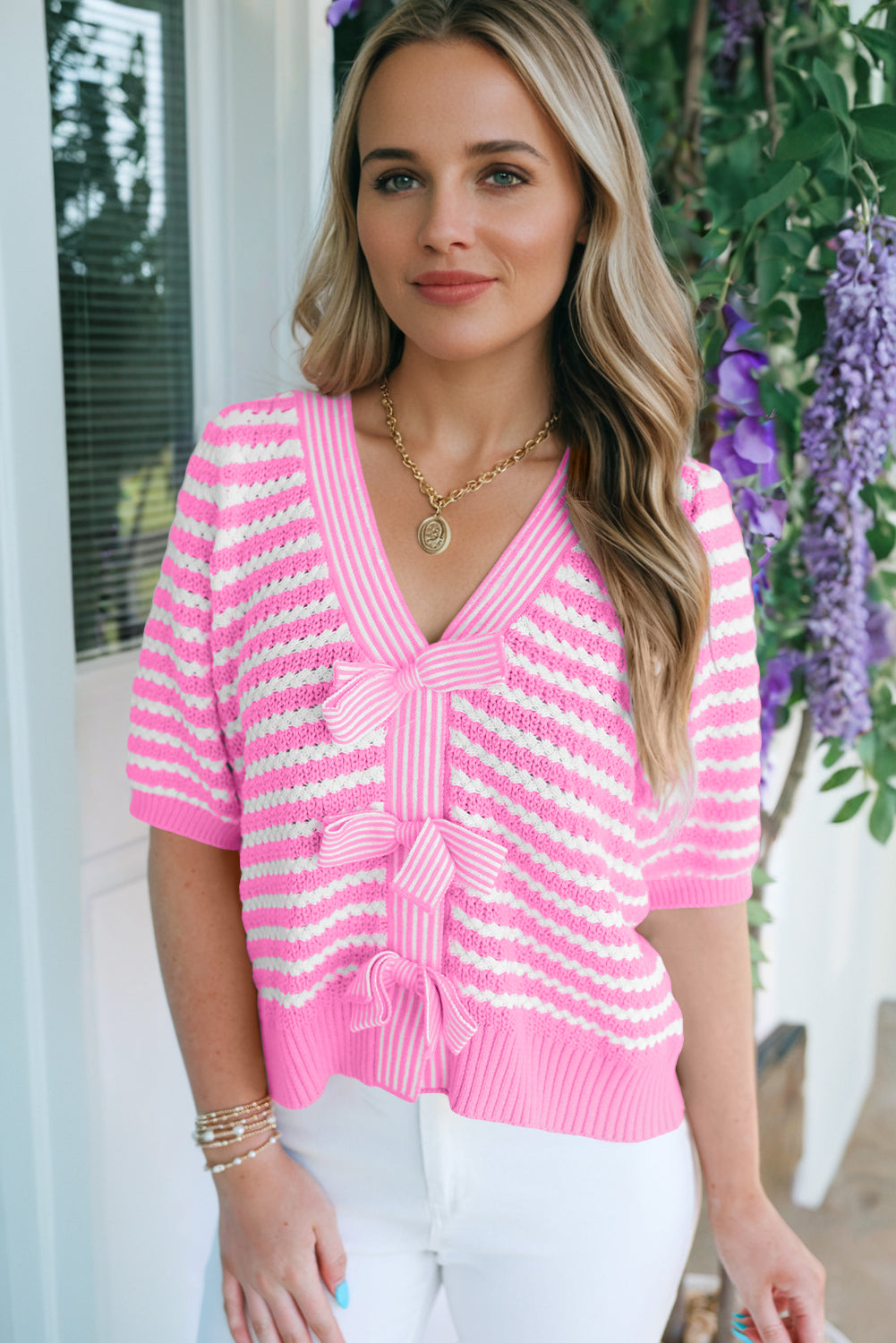 Stripe Short Sleeve V-Neck Bow Knot Knit Sweater
