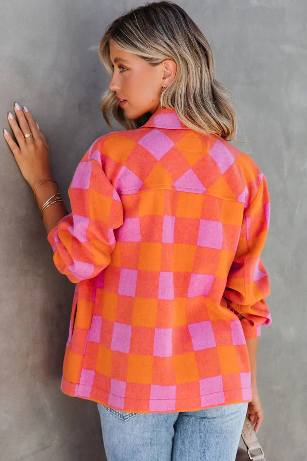 Orange Plaid Chest Pockets Button-up Turn Down Collar Jacket Beagle Boutique Fashion Outlet