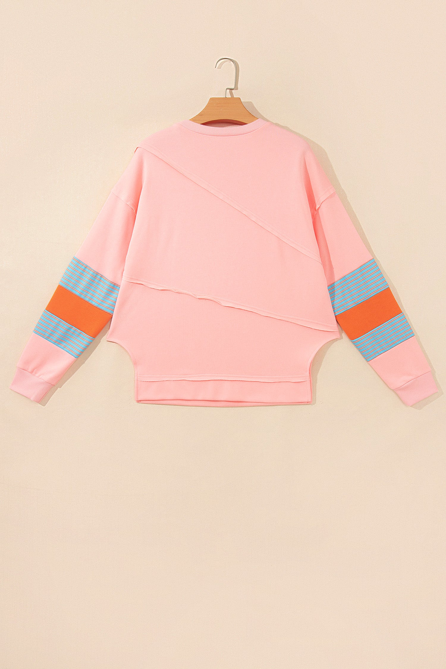 Colorblock Striped Patchwork Long Sleeve Round Neck Blouse – Pink