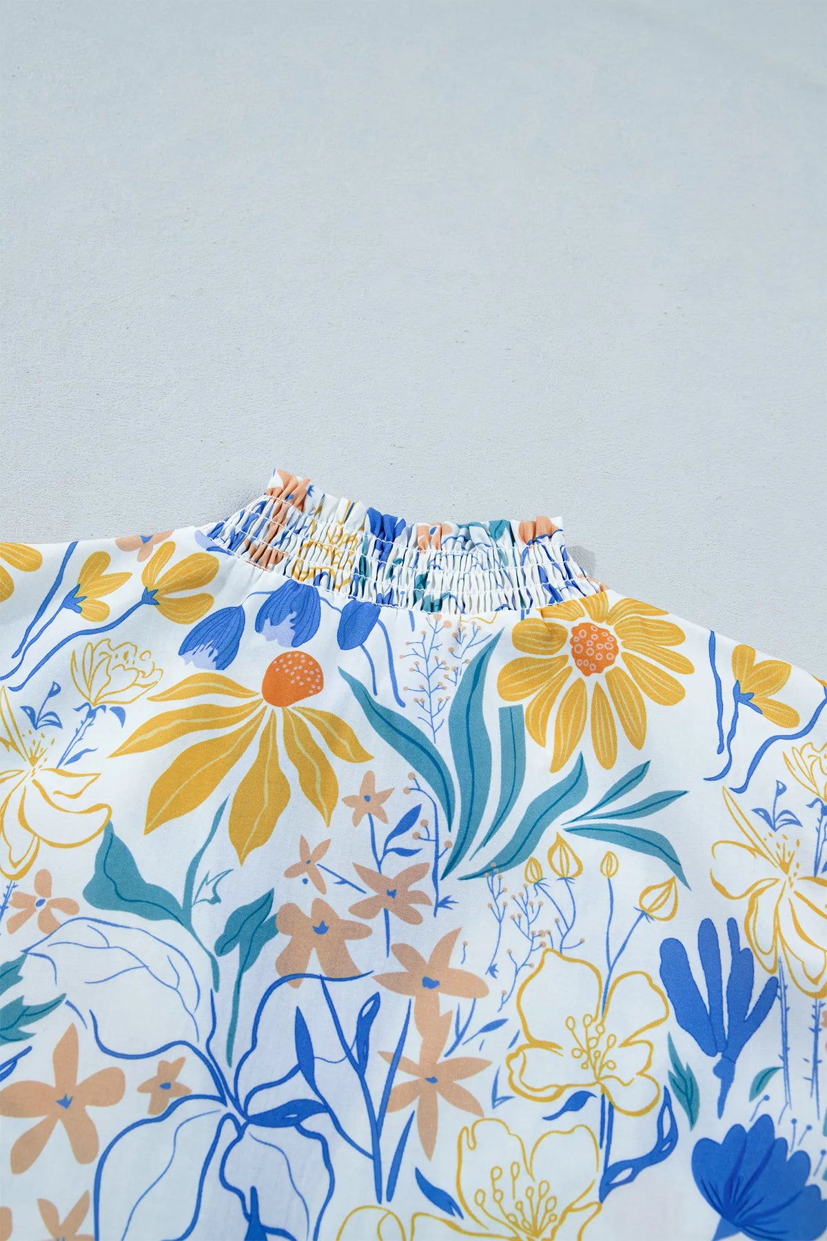 Floral Print Striped Trim V Neck Puff Sleeve Blouse – Yellow