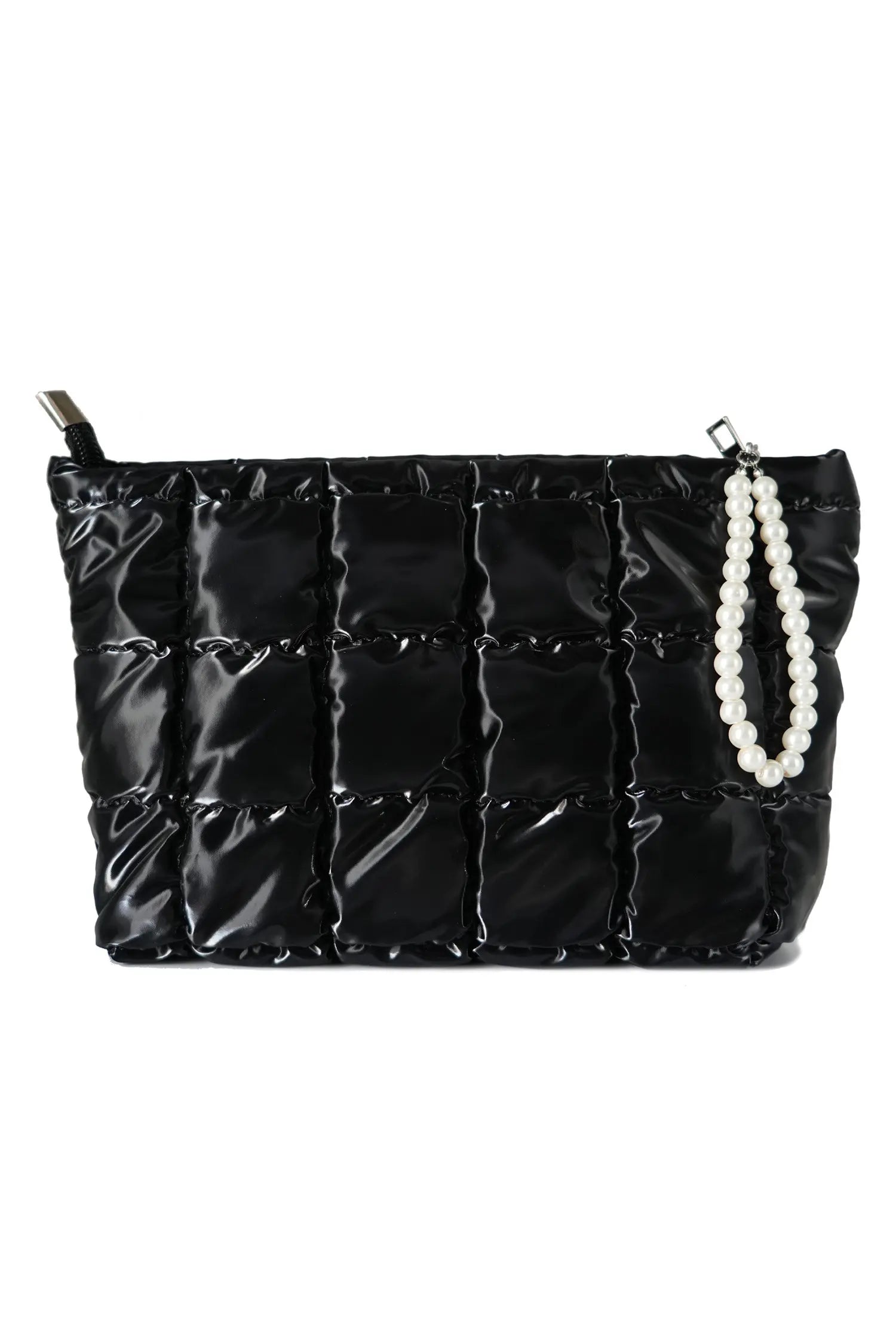 Color black PU Leather Quilted Texture Pearl Chain Zip Makeup Bag