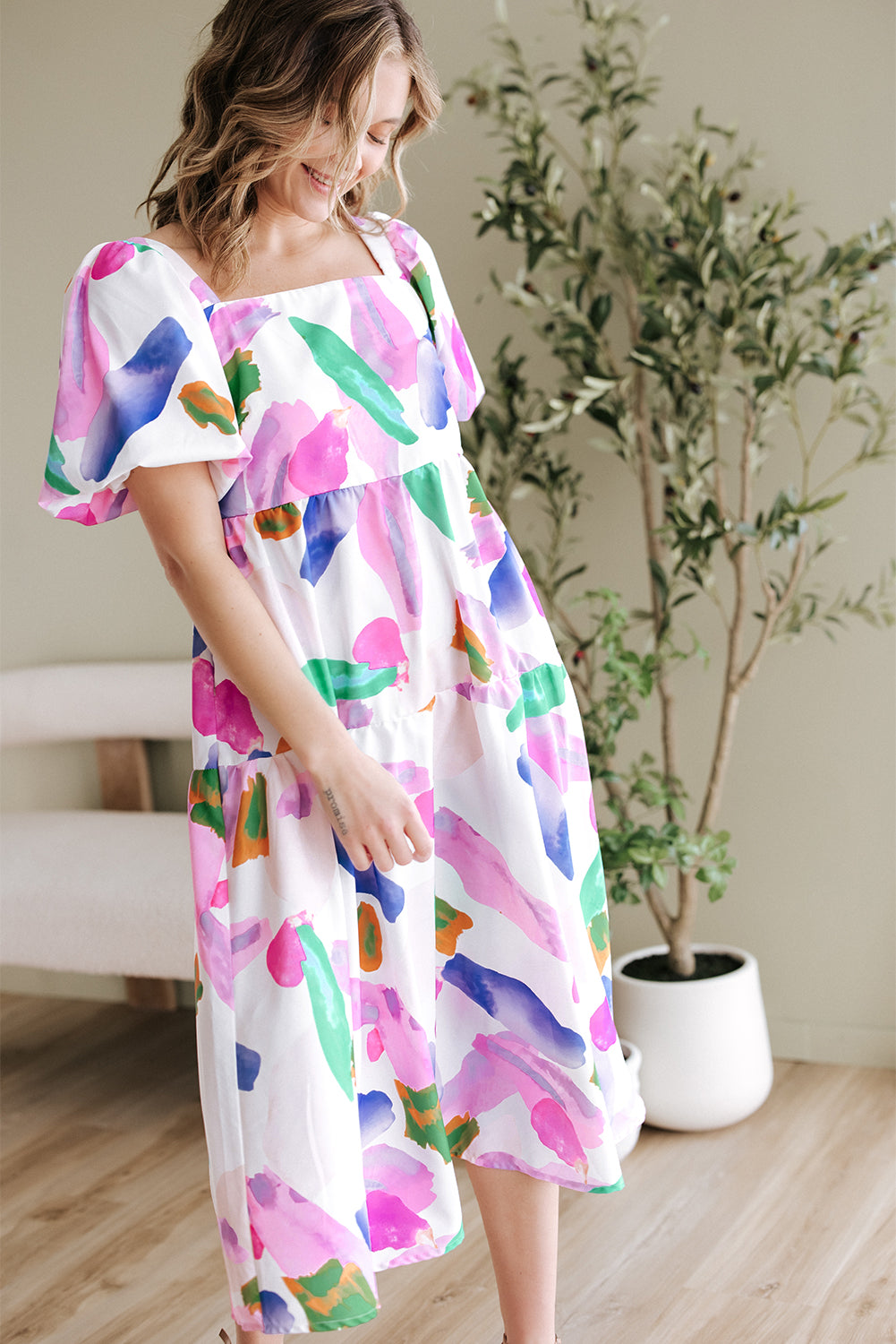 Purple Abstract Print Puff Sleeve Smocked Back Midi Dress BB Fashion Outlet