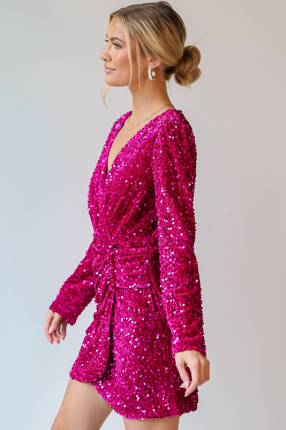 Sequin Long Sleeve V-Neck Wrapped Mini Dress - eAura