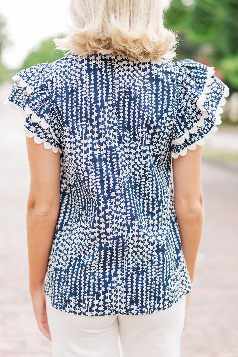 Sky Blue Abstract Print Ric Rac Trim Flutter Sleeve Notch V Neck Blouse eAura