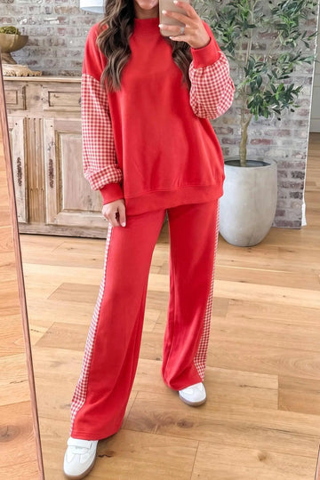 Co-ord set Plaid Contrast Long Sleeve Top and Wide-Leg Trousers