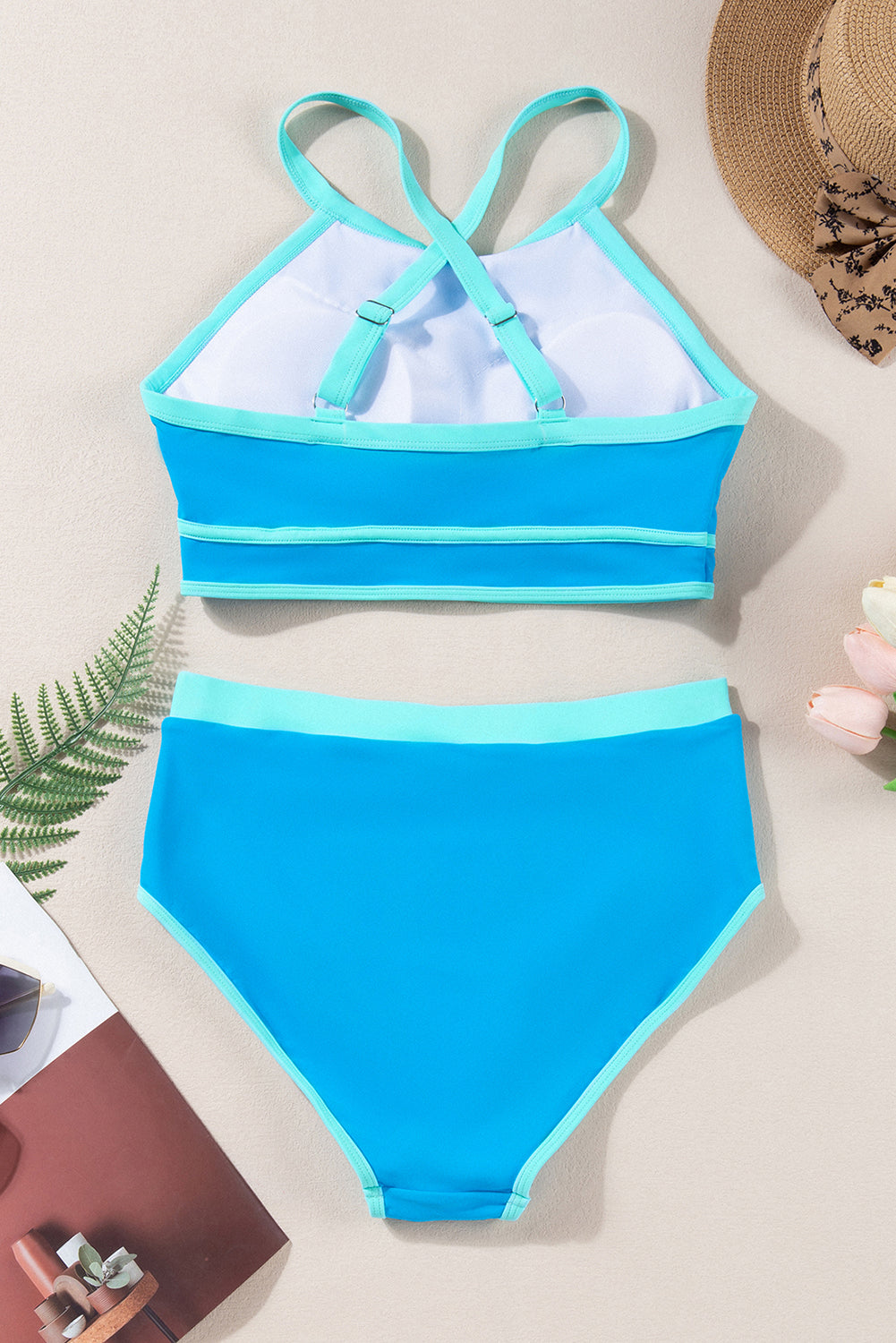Blue Contrast Trim Crisscross Back High Waisted Bikini BB Fashion Outlet