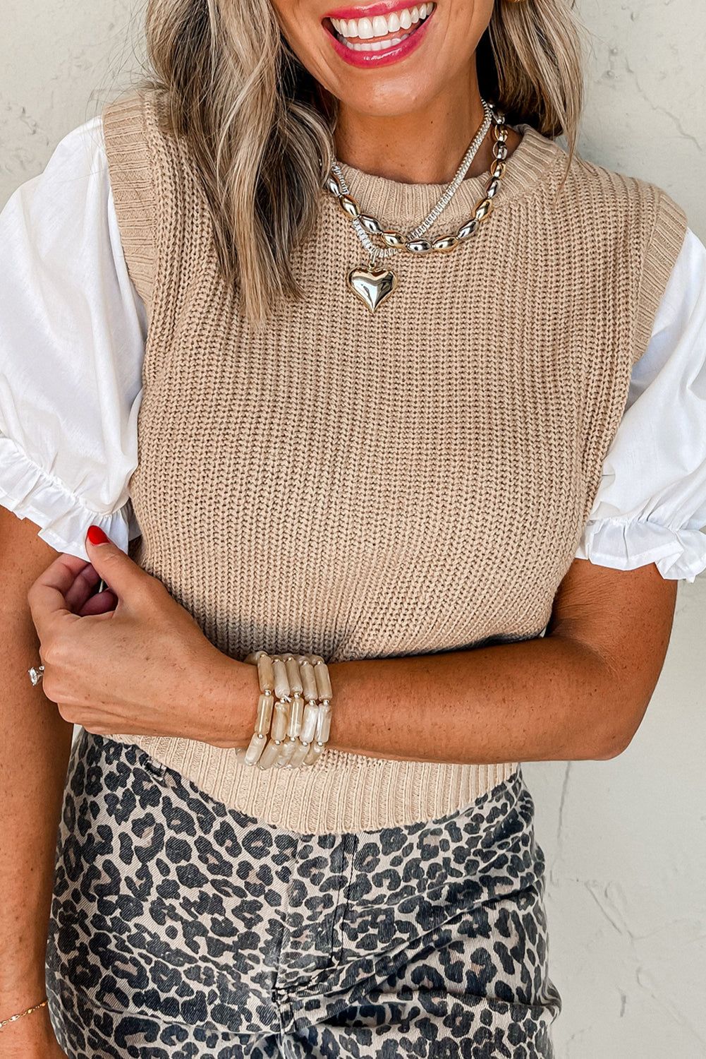 Beige Round Neck Knit Contrast Short Puff Sleeve Sweater - L - Sweaters & Cardigans/Sweaters