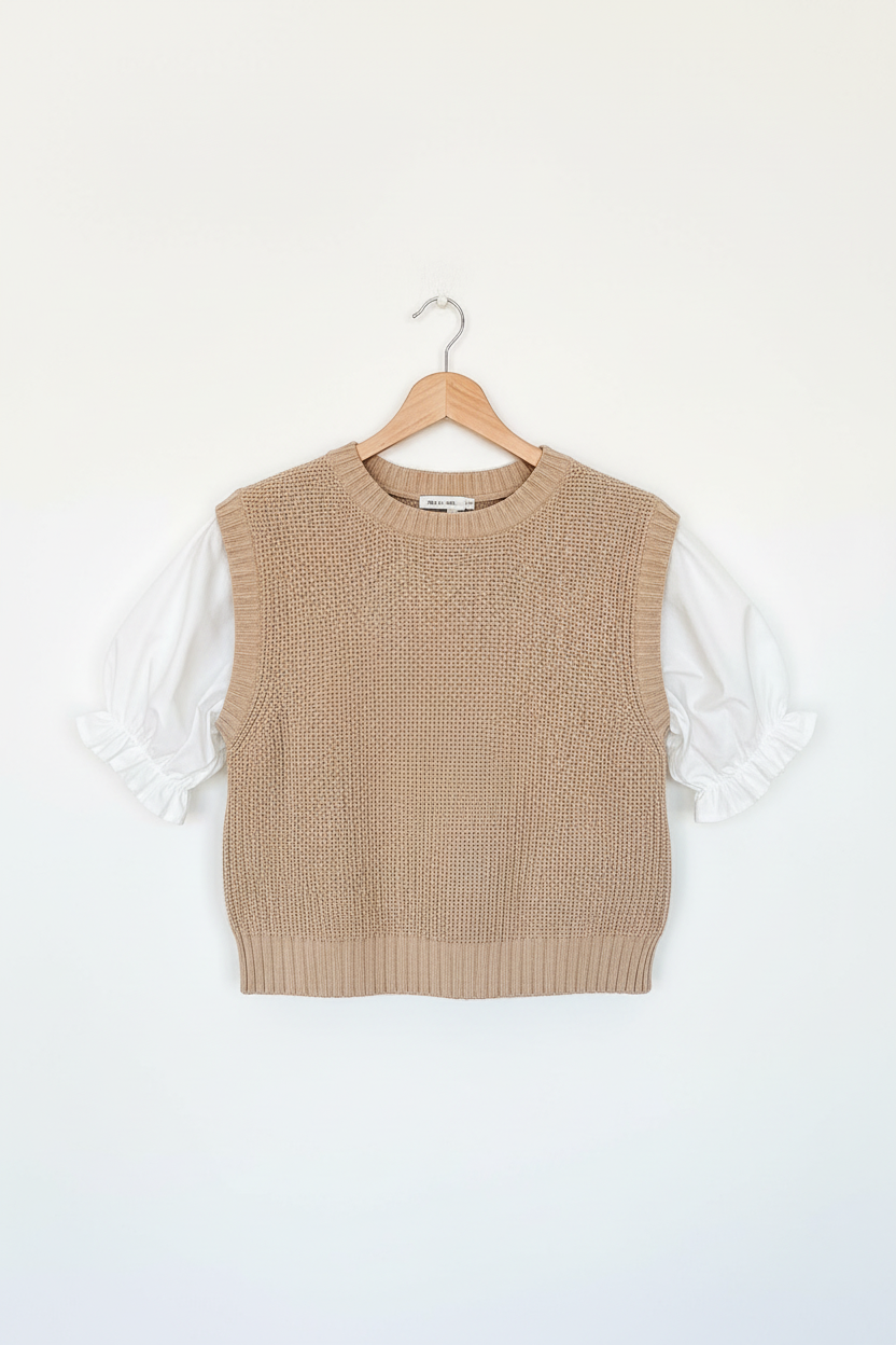 Beige Round Neck Knit Contrast Short Puff Sleeve Sweater - eAura
