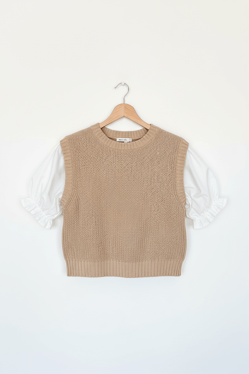 Beige Round Neck Knit Contrast Short Puff Sleeve Sweater - Sweaters & Cardigans/Sweaters