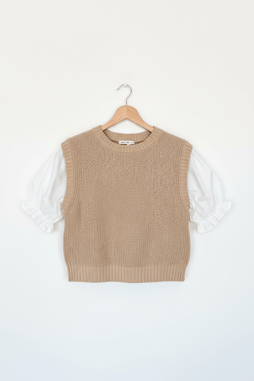 Beige Round Neck Knit Contrast Short Puff Sleeve Sweater - Sweaters & Cardigans/Sweaters