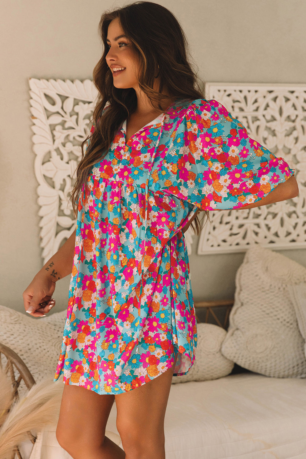 Sky Blue Floral Print Tie Split Neck Bubble Sleeve Babydoll Dress eAura