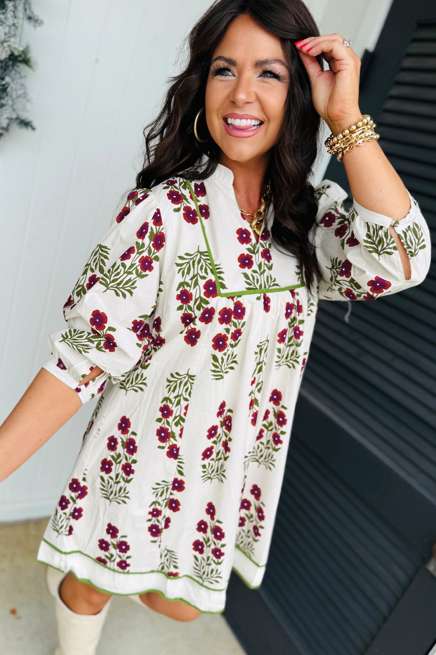 White Frilled V-Neck 3/4 Sleeve Loose Floral Dress