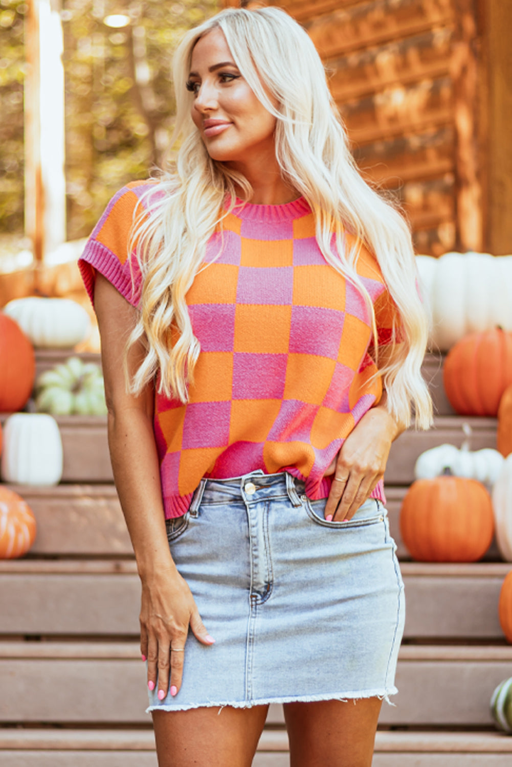Sachet Pink Colourblock Plaid Pattern Ribbed Trim Sweater Tank Top eAura