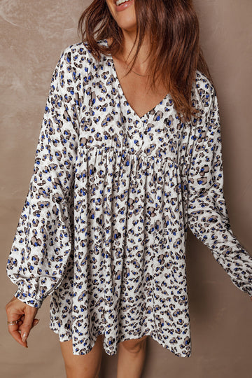 Multicolour Leopard Print V-Neck Button Detail Long Sleeve Mini Dress