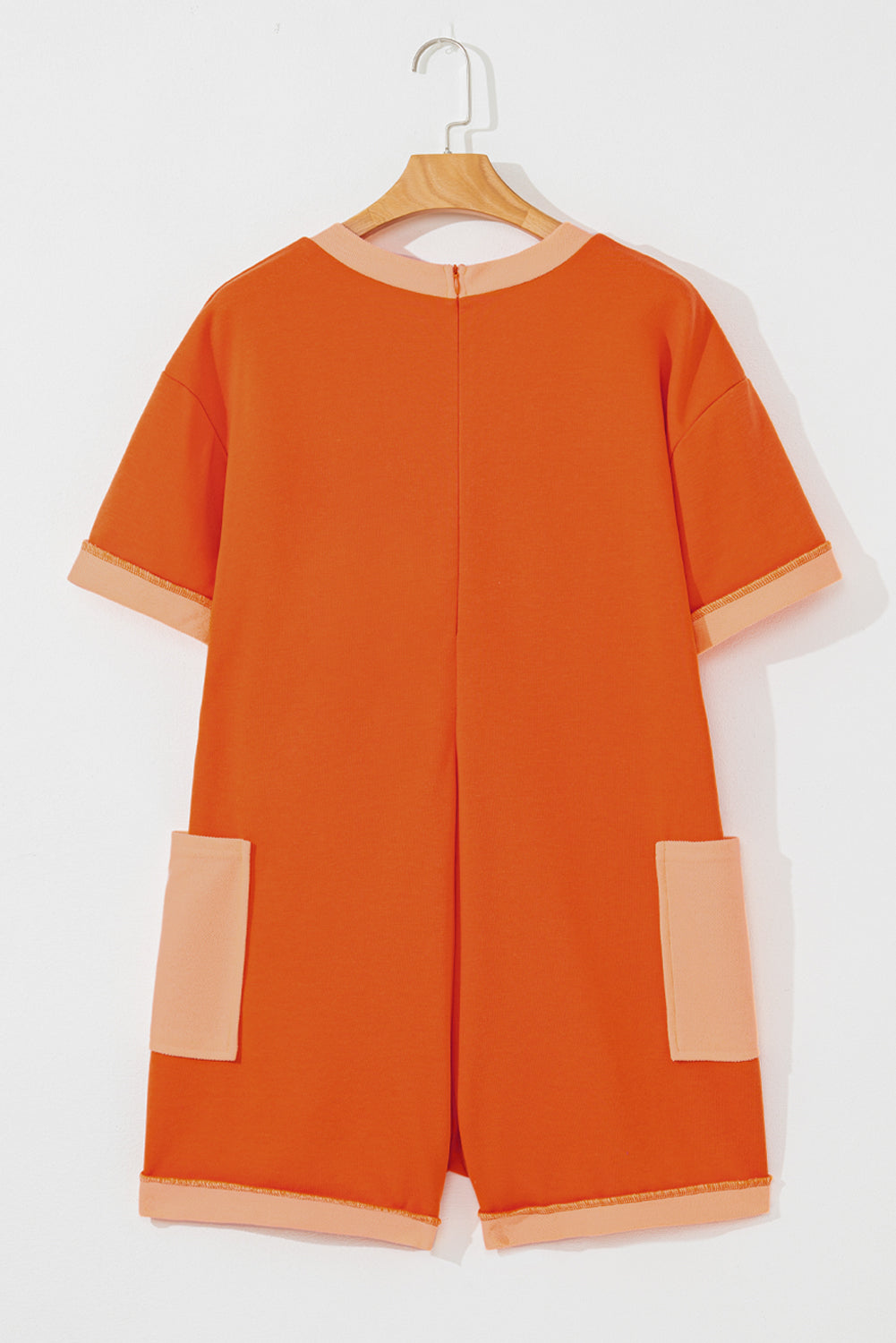 Russet Orange Two-tone Short Sleeve V Neck Patched Pocket Loose Romper eAura