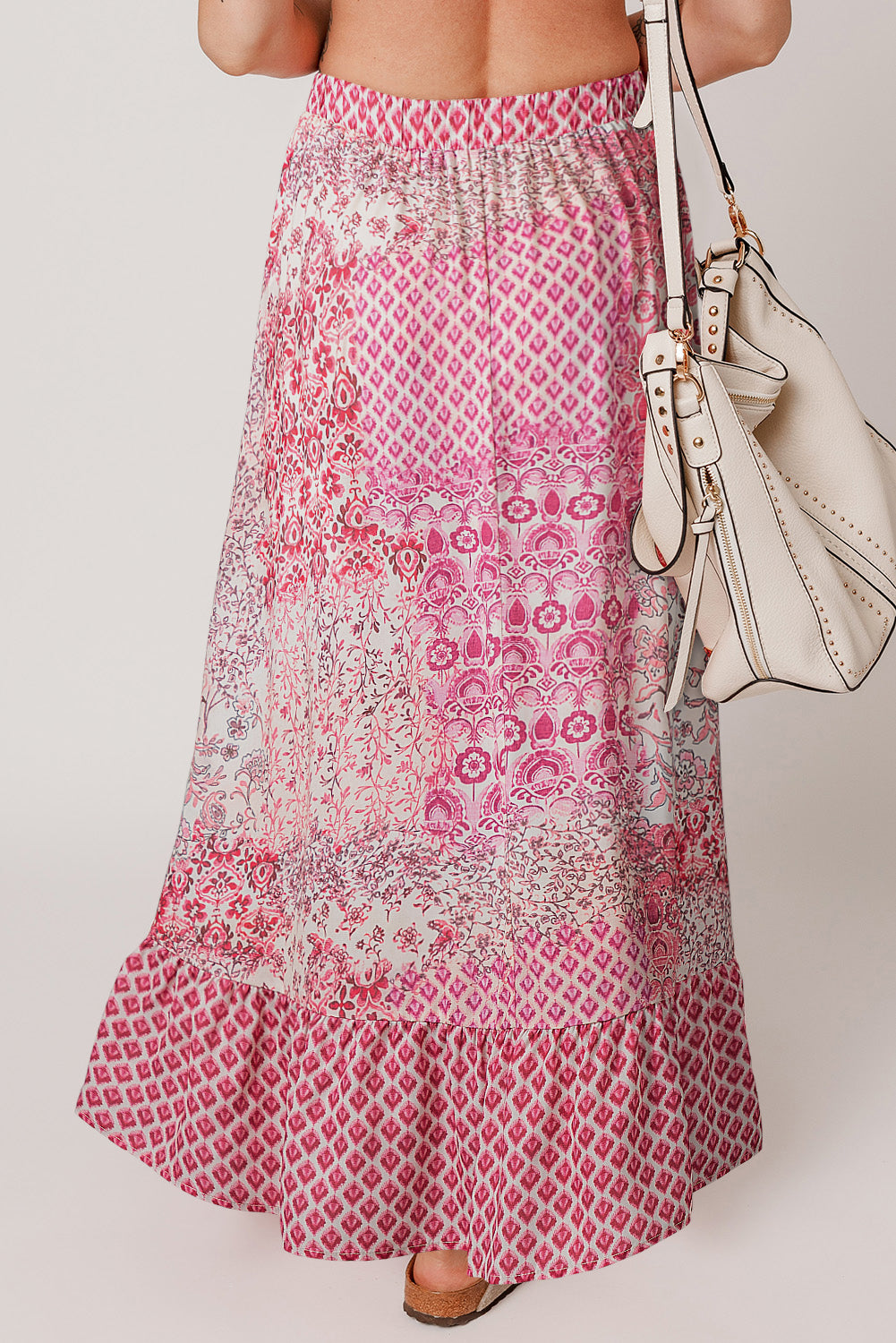 Red Boho Pattern Print Tassel Drawstring High Waist Maxi Skirt - eAura