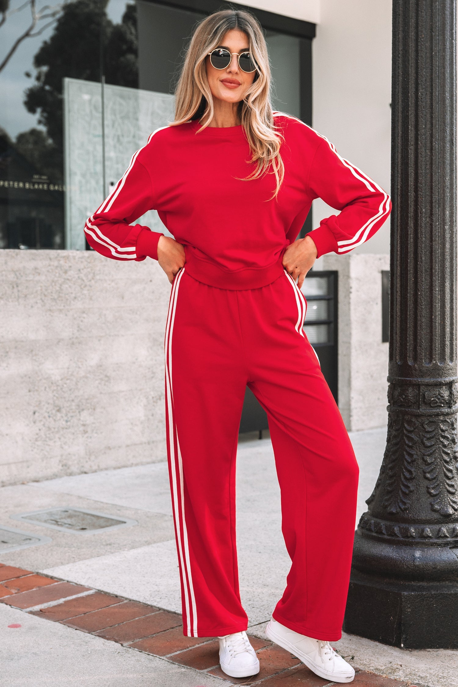 Varsity Striped Detail Crewneck Pullover Elastic Sweatpants 2pcs Co-ord - Two Piece Sets/Pant Sets