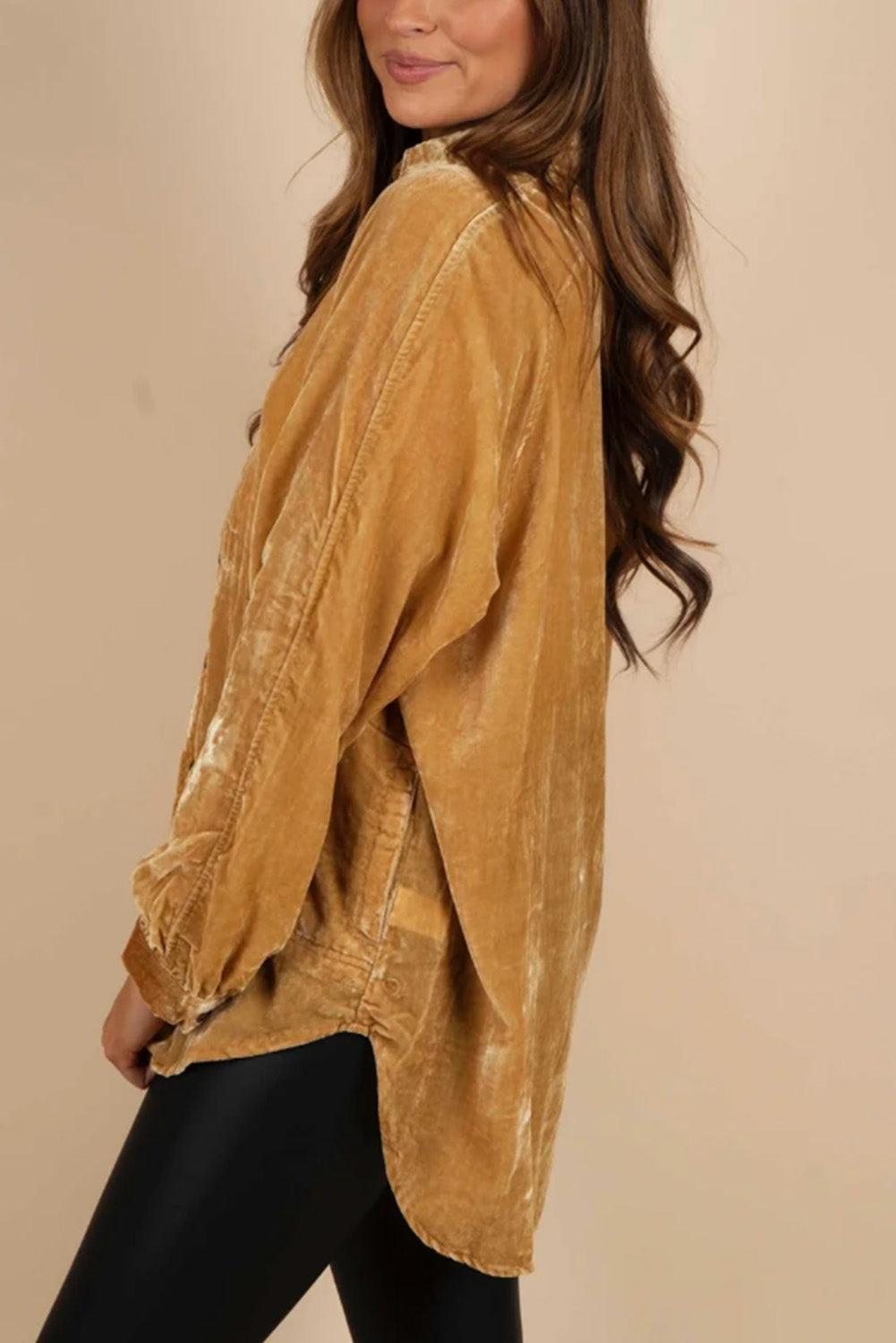 Gold Solid Color Button Up Loose Fit Velvet Shirt BB Fashion Outlet