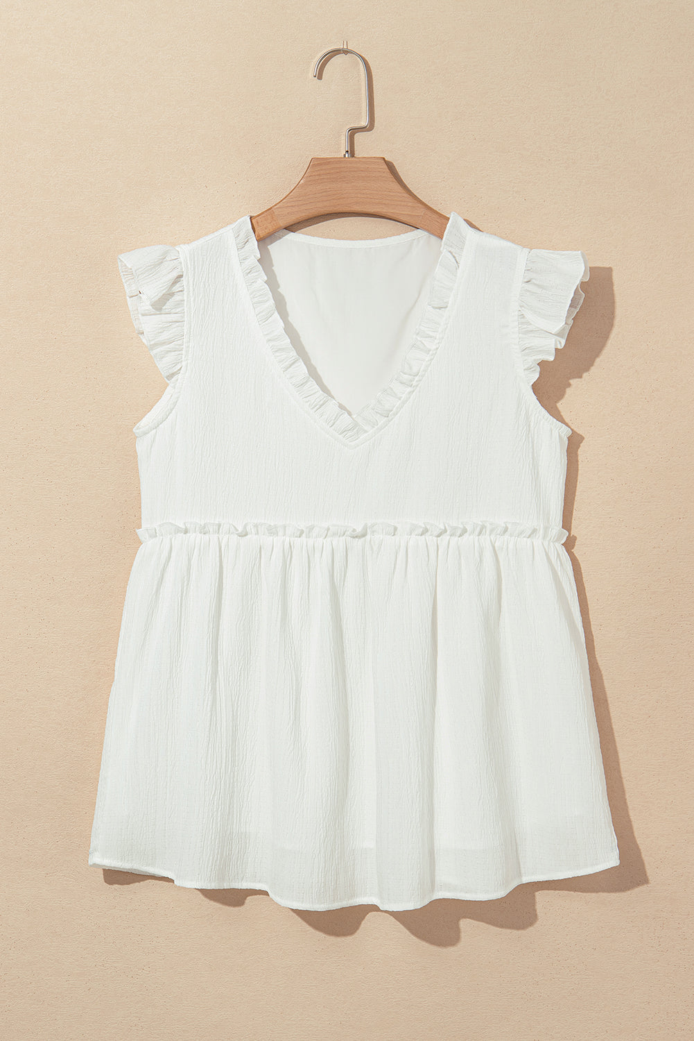 White Textured Ruffled Trim V Neck Flutter Flowy Top eAura