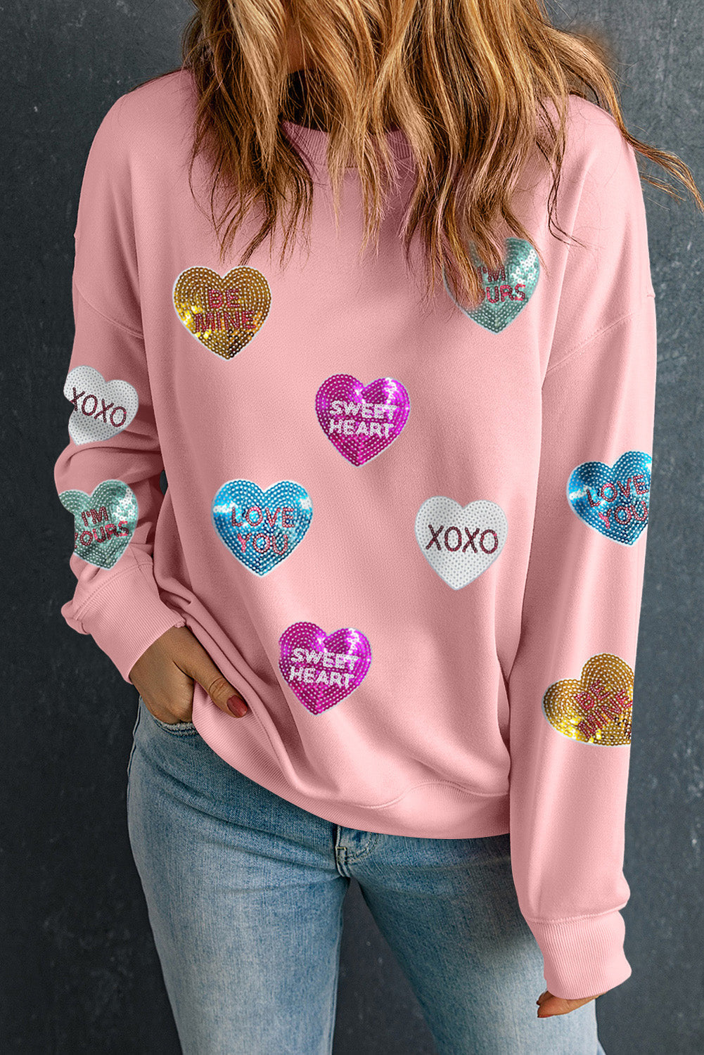 Pink Sequin Romantic Letters Heart Graphic Valentines Sweatshirt eAura